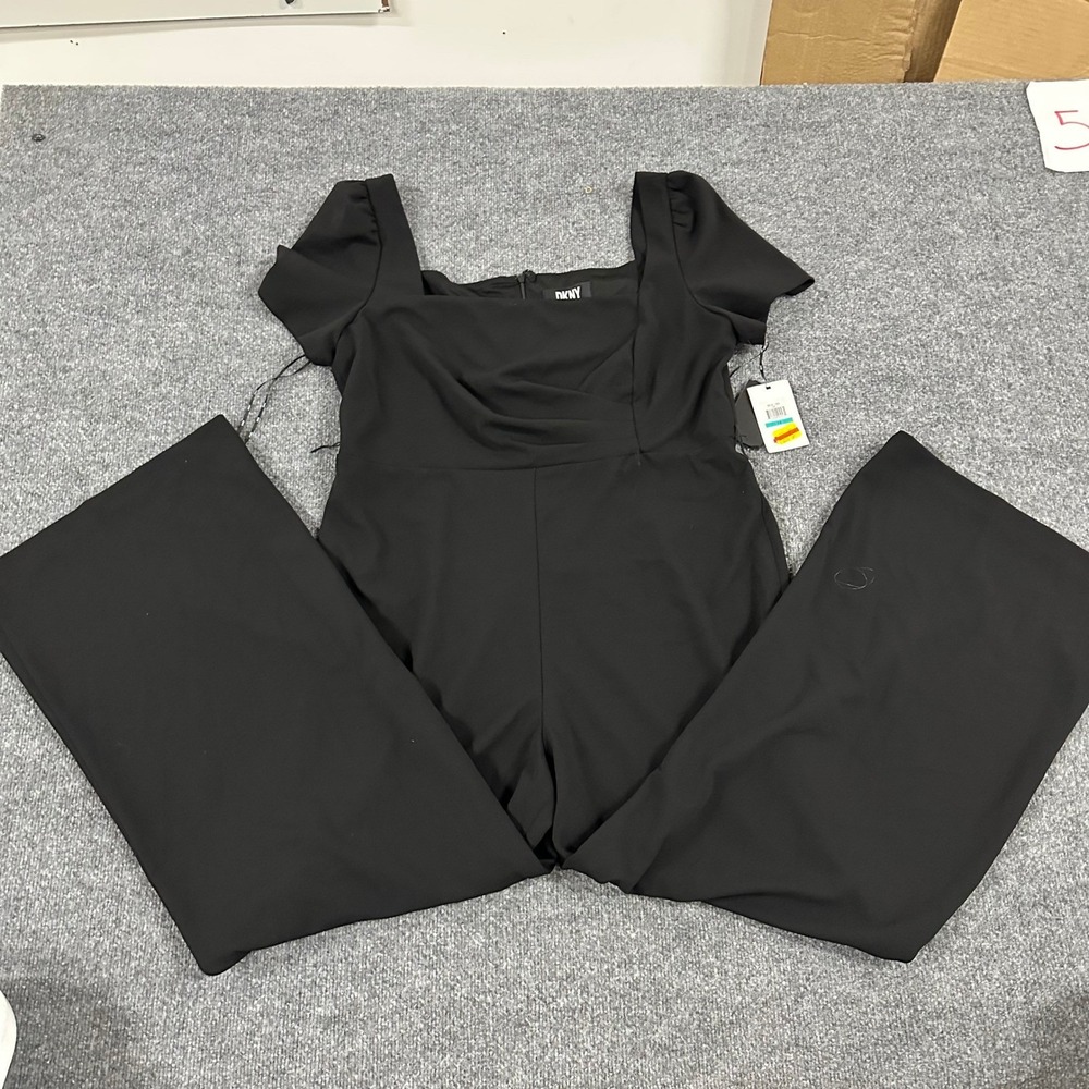 DKNY Jumpsuit Womens Size 16 Black Square Neck Wide Leg Puff Sleeve NWT